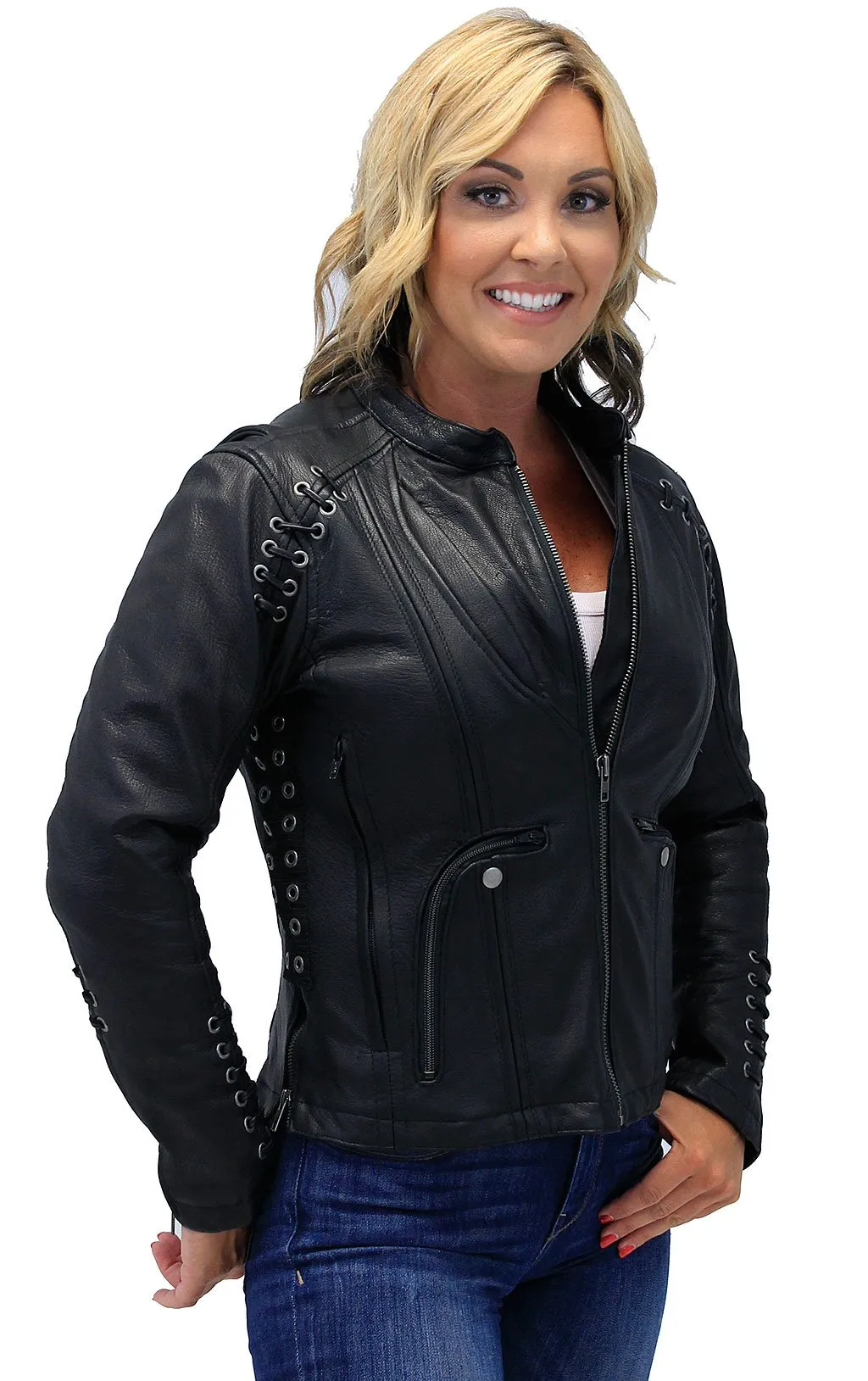 Eyelet Trim Laced Women's Motorcycle Jacket Concealed Pocket #L8850LGVZK