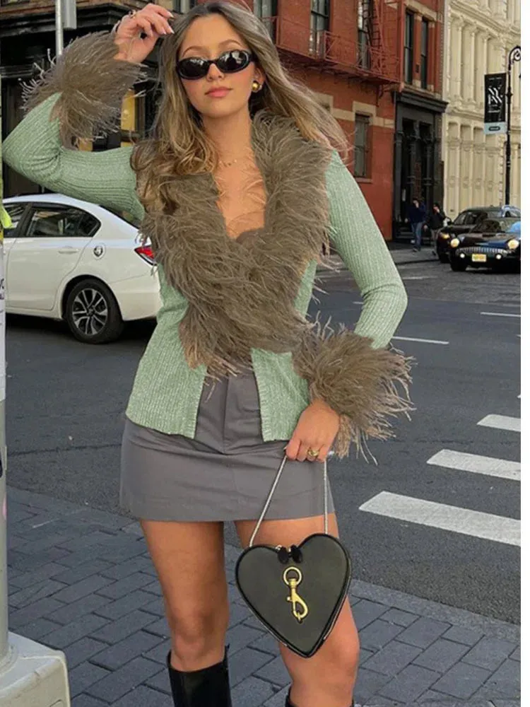 Fashion Women's Fur Collar Knitted Cardigan Long Sleeve Slim Low Waisted Sweater Streetwear Spring