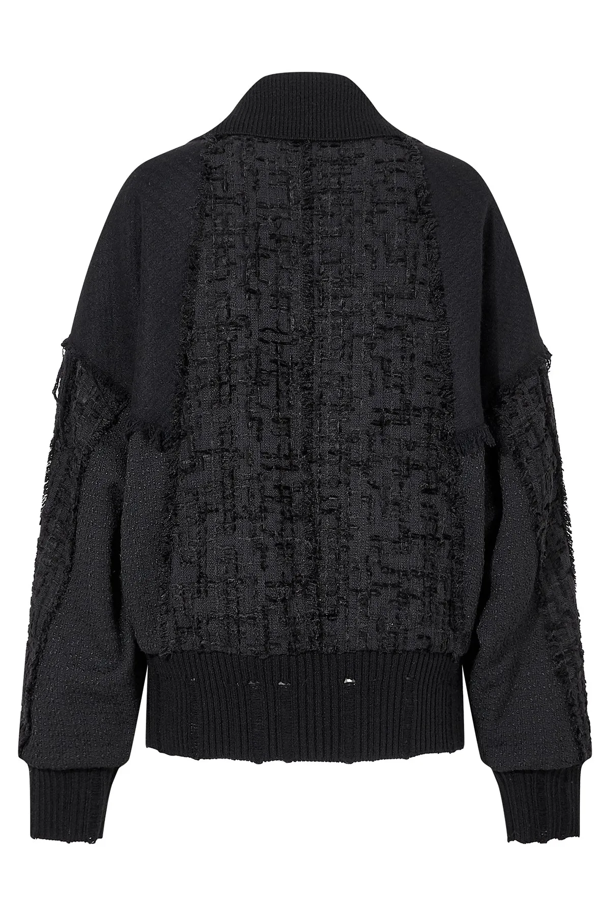 Frayed tweed patchwork bomber jacket