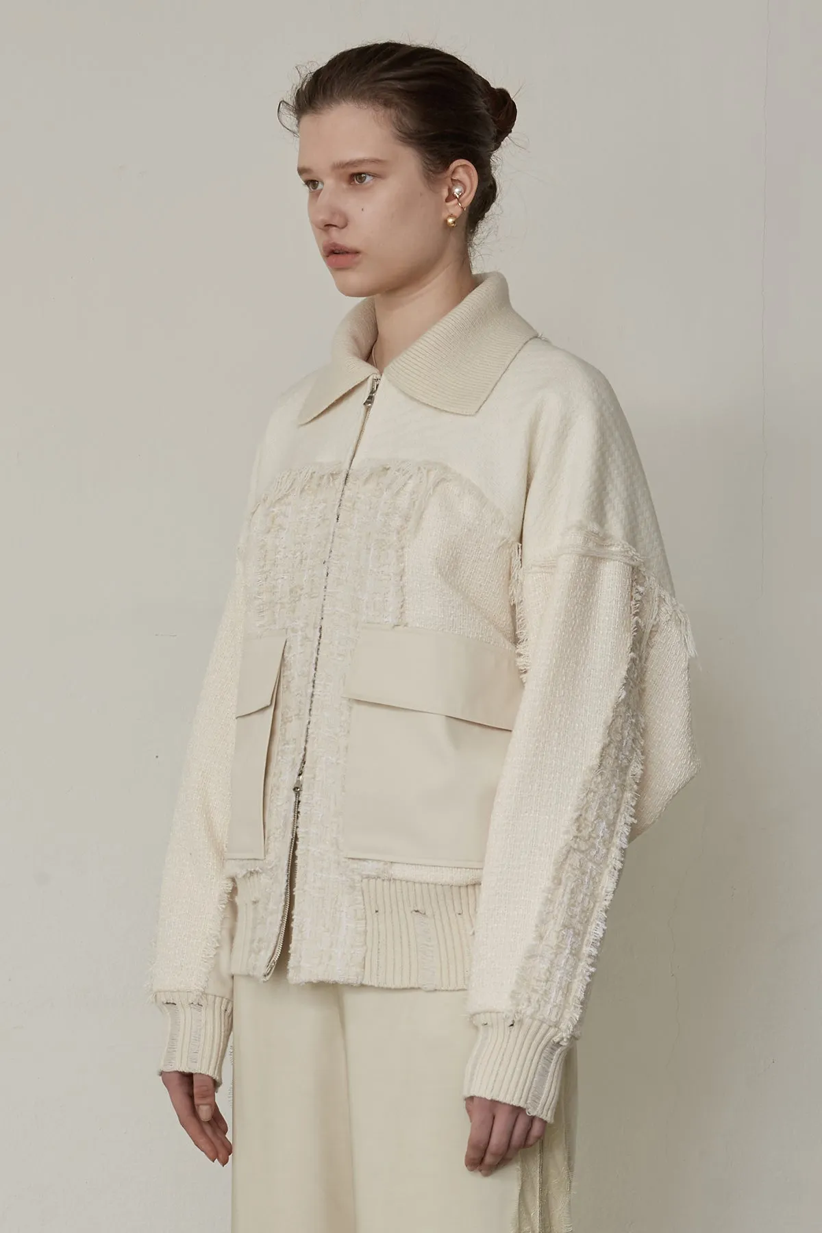 Frayed tweed patchwork bomber jacket