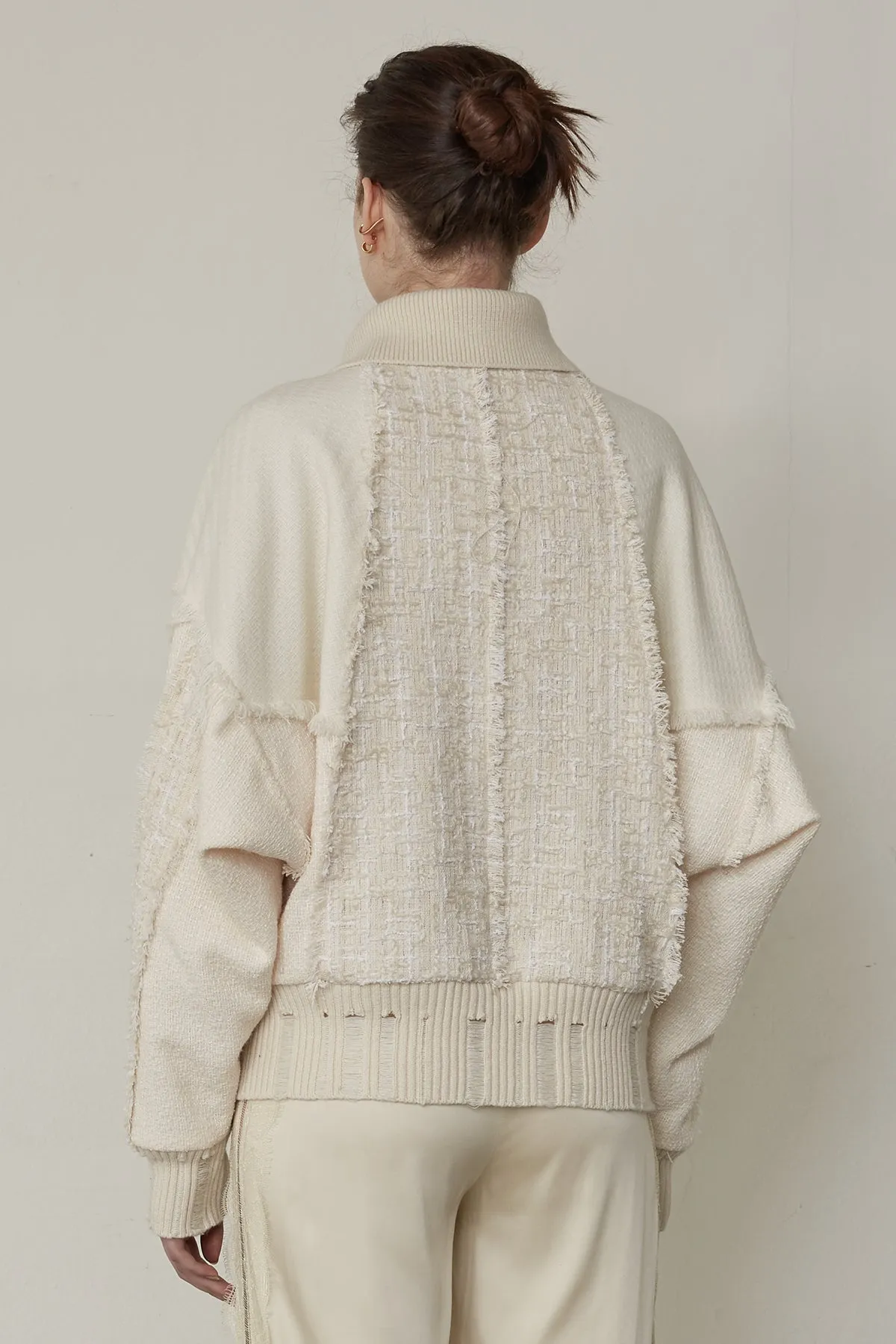 Frayed tweed patchwork bomber jacket