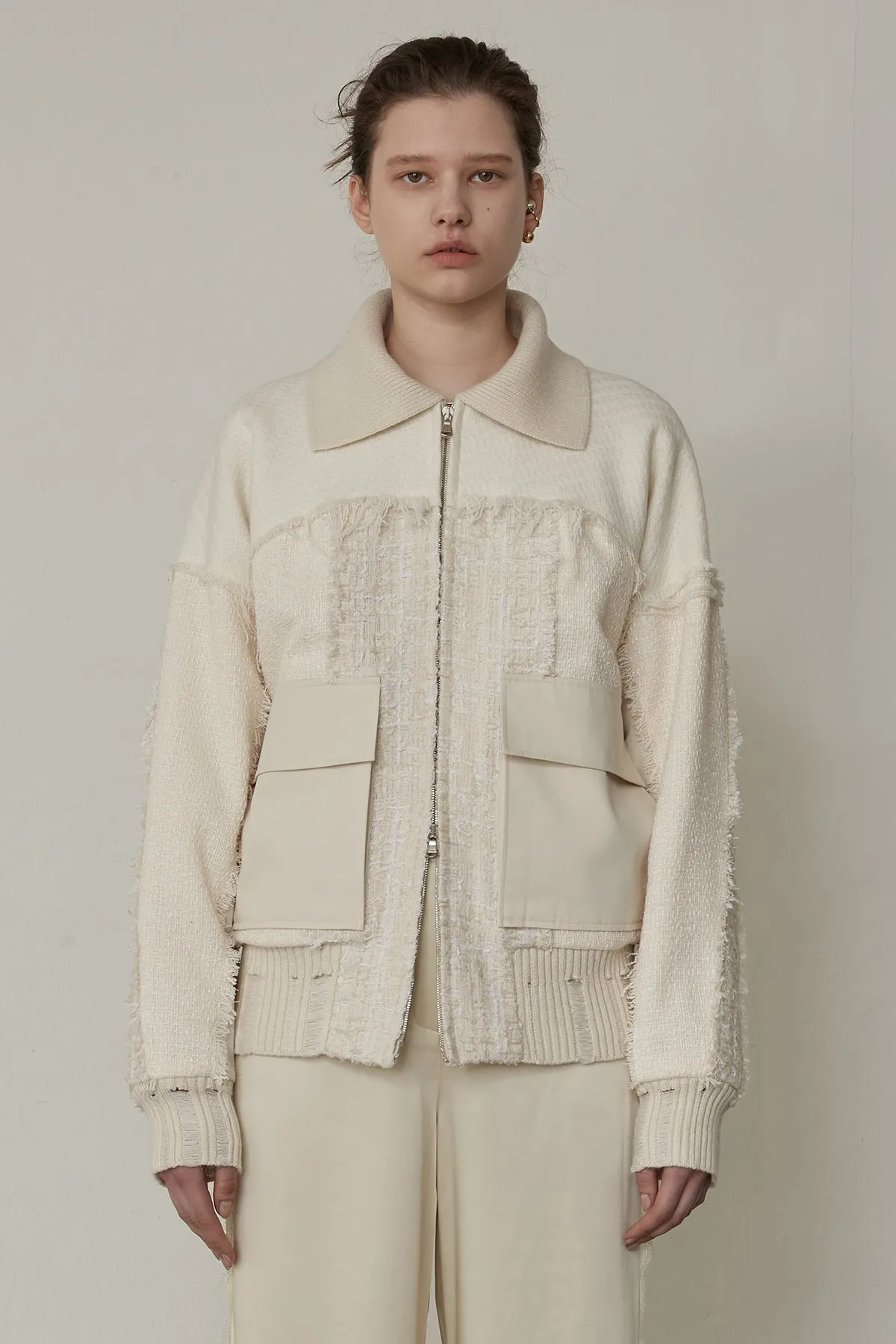 Frayed tweed patchwork bomber jacket