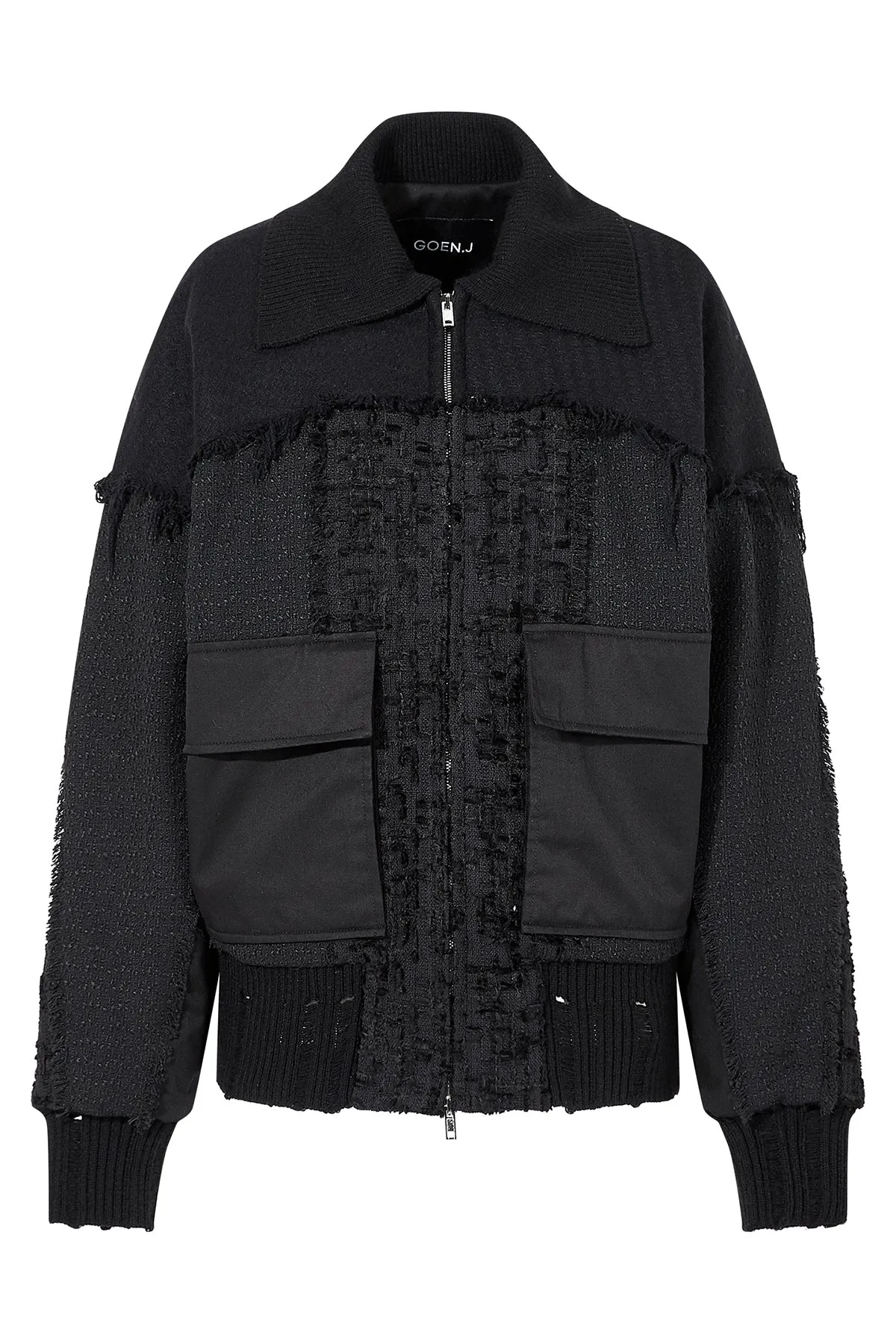 Frayed tweed patchwork bomber jacket