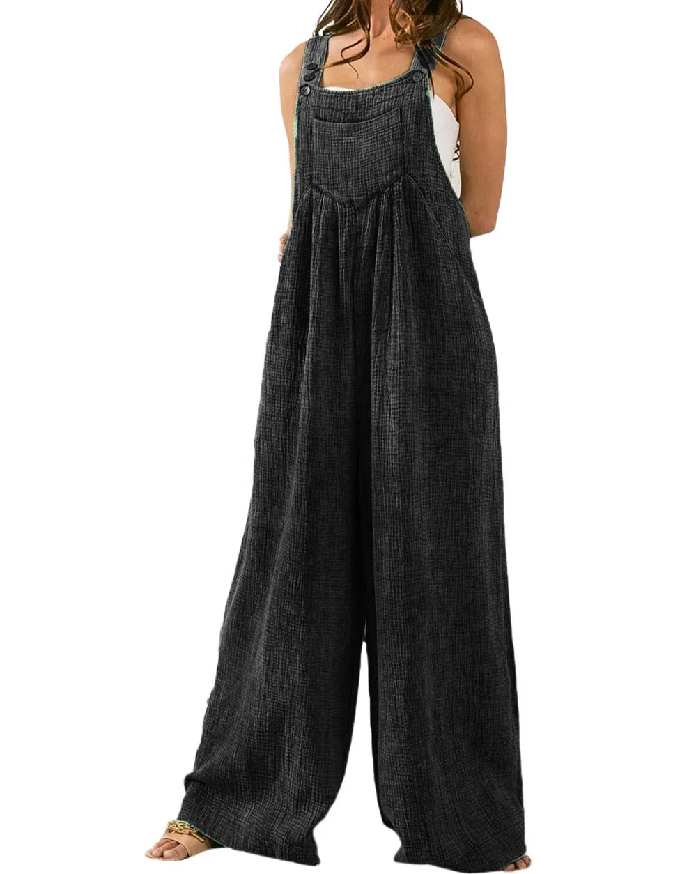 Gauze Wide Leg Pocketed Overalls