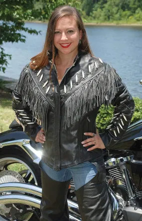 Genuine Bone Studded Fringe Leather Jacket #L1615FBK