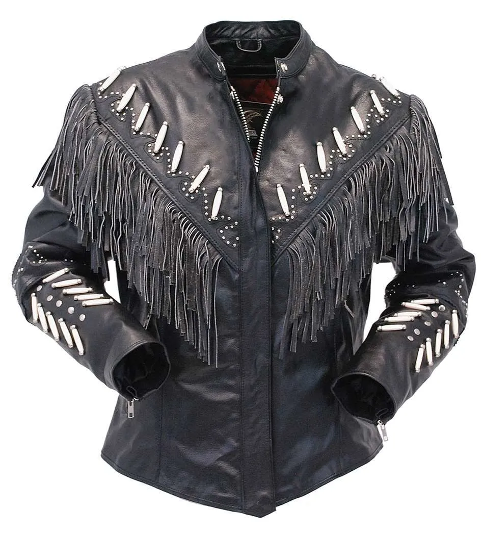 Genuine Bone Studded Fringe Leather Jacket #L1615FBK