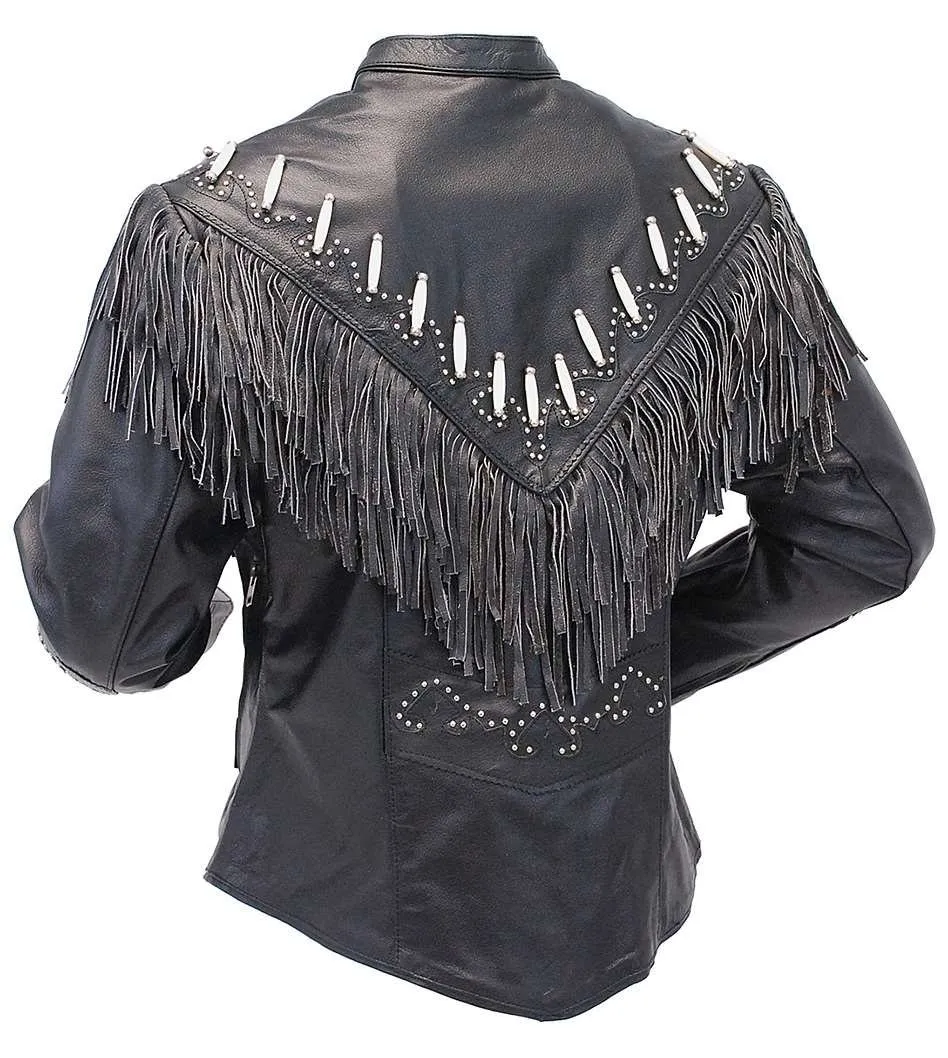 Genuine Bone Studded Fringe Leather Jacket #L1615FBK