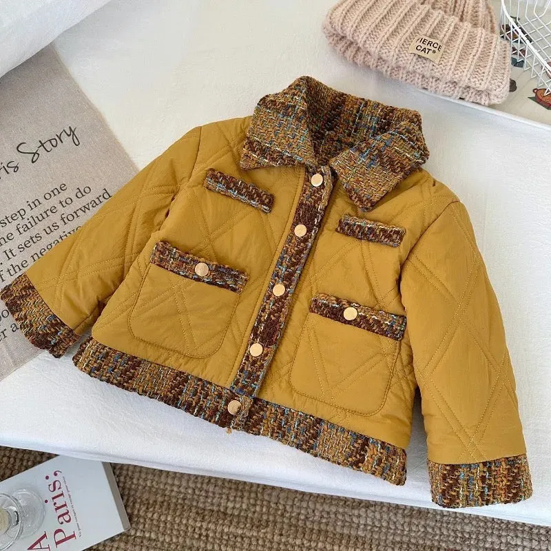 Girls Quilted Jacket With Tweed Accents