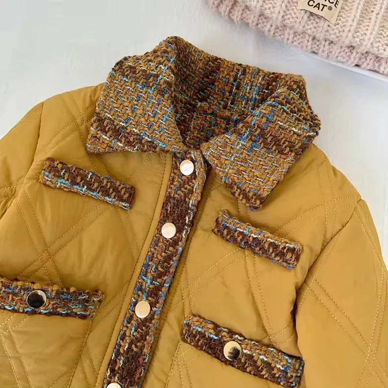 Girls Quilted Jacket With Tweed Accents