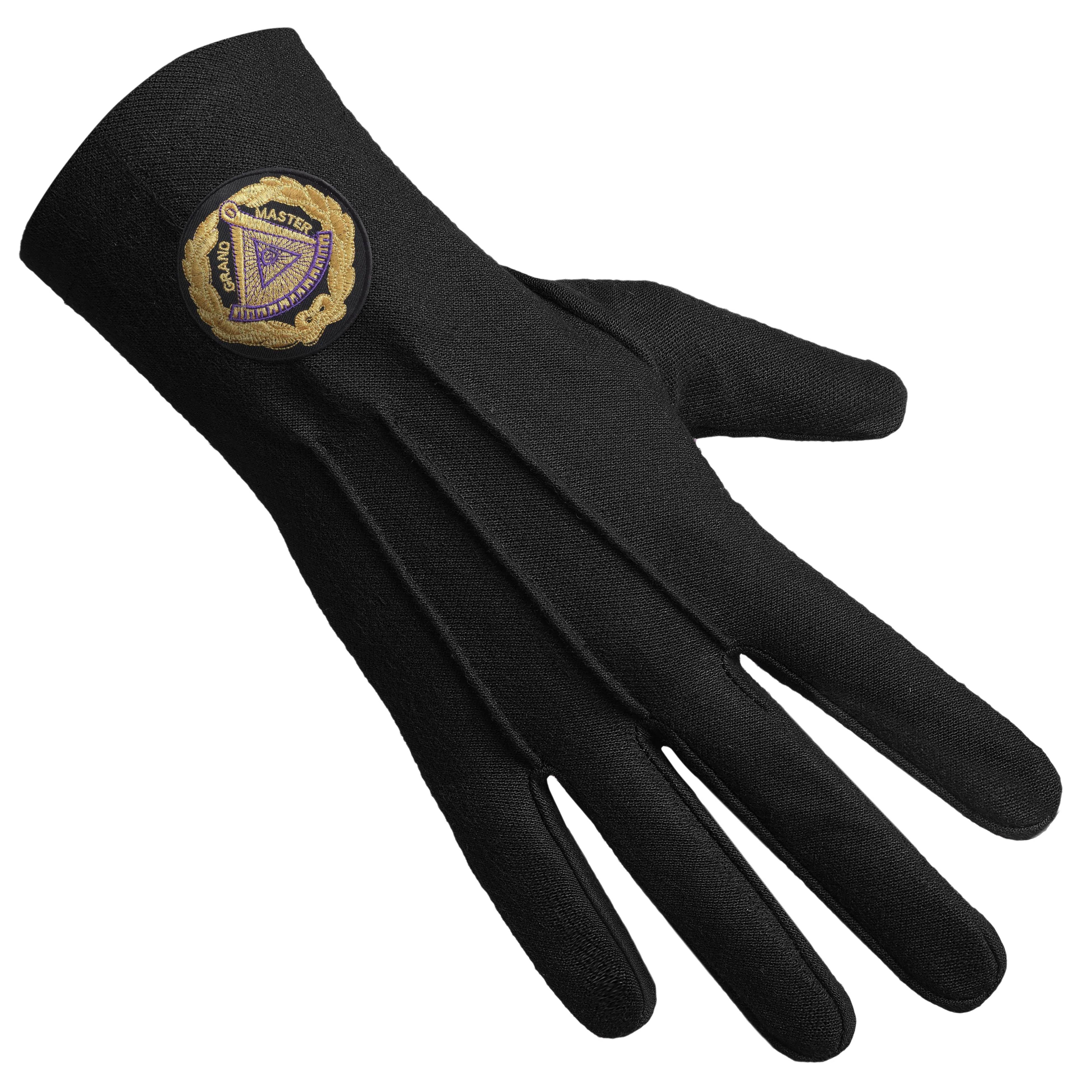 Grand Master Blue Lodge Gloves - Pure Black Cotton With Gold Wreath