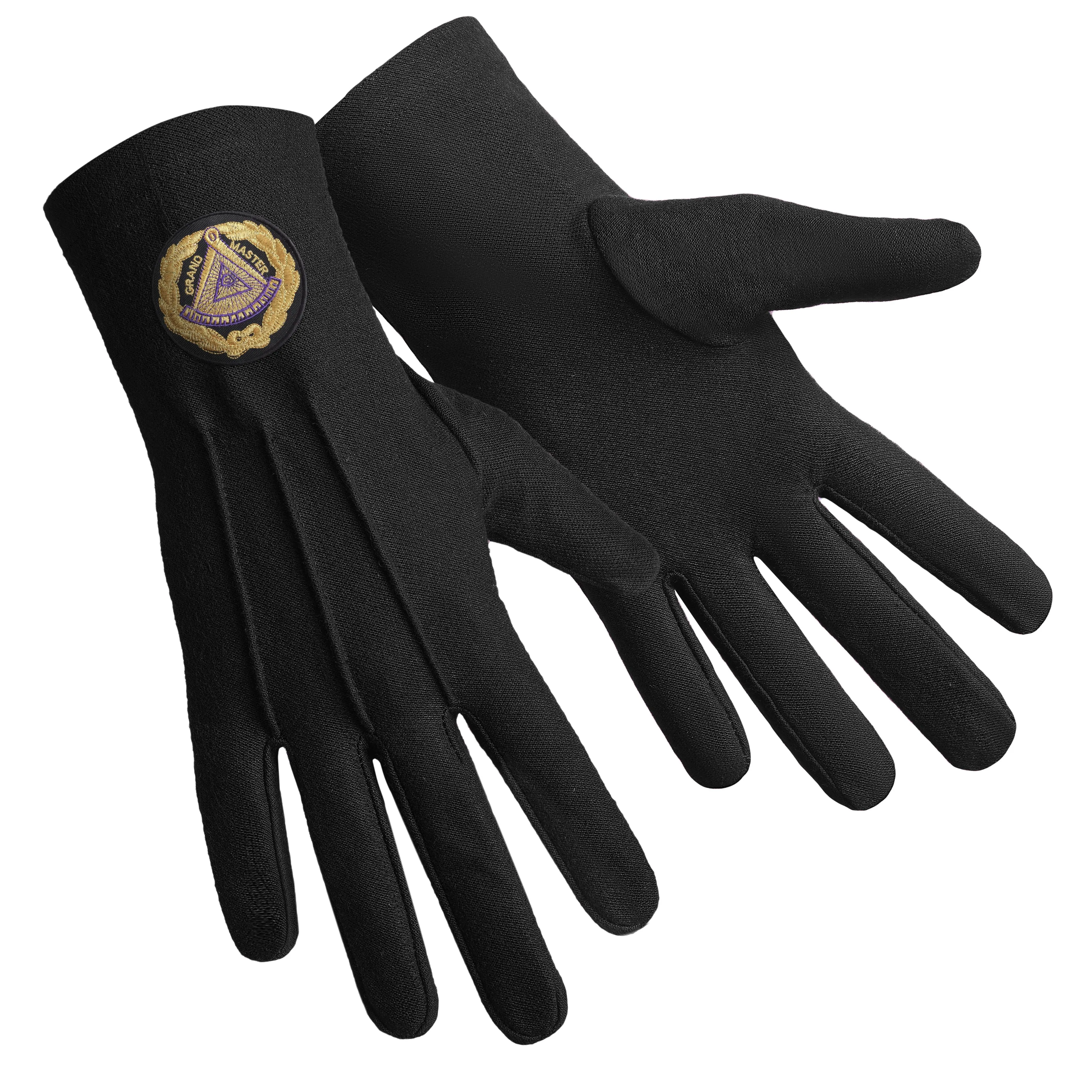 Grand Master Blue Lodge Gloves - Pure Black Cotton With Gold Wreath