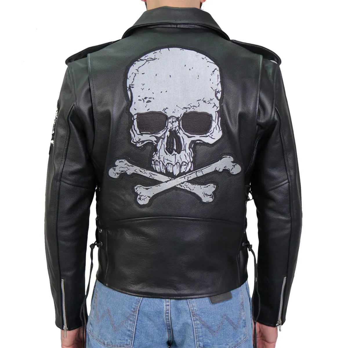 Hot Leathers JKM2001 Men’s Black ‘Skull And Crossbones' Motorcycle Leather Jacket