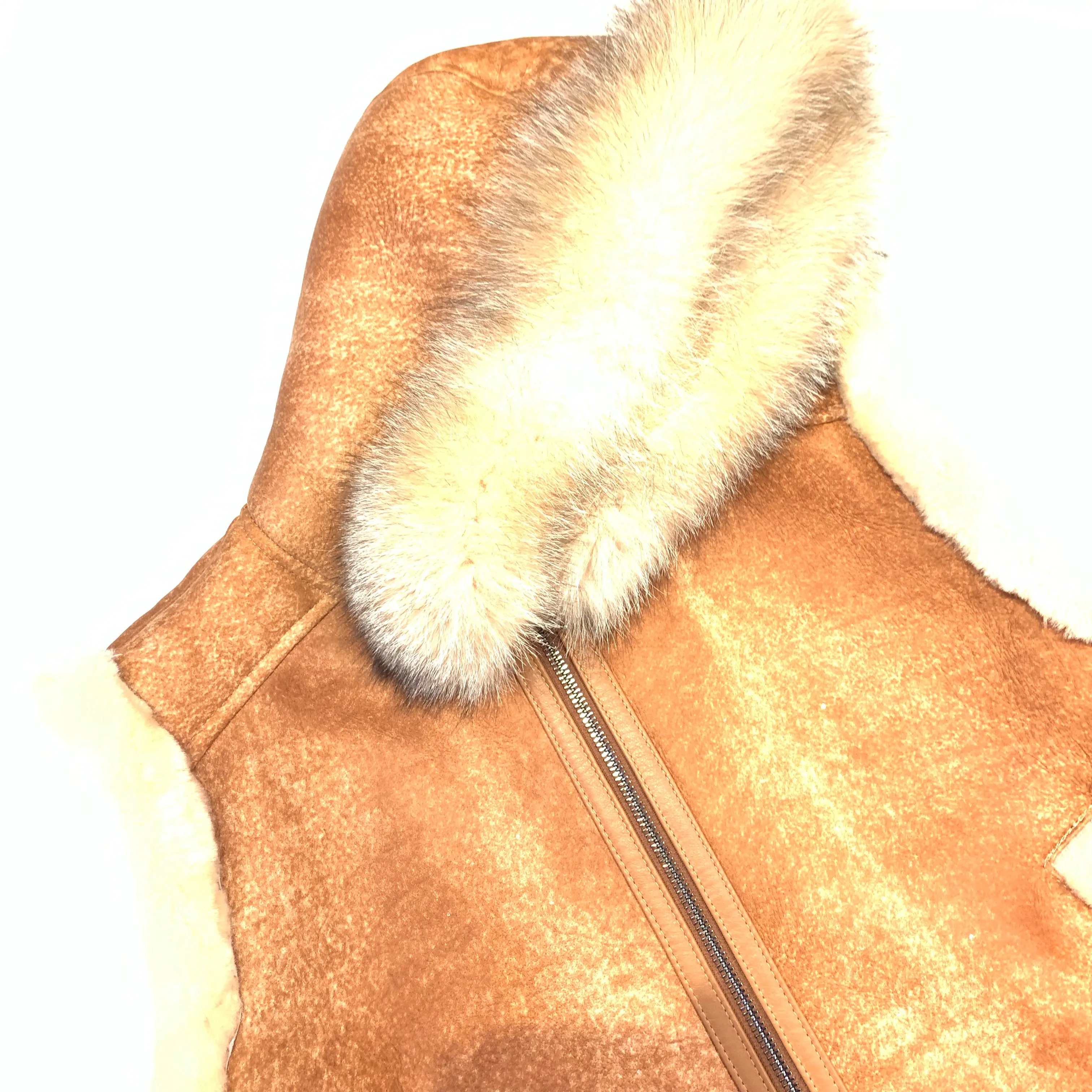 Kashani Cognac Fox Fur Hooded Shearling Vest