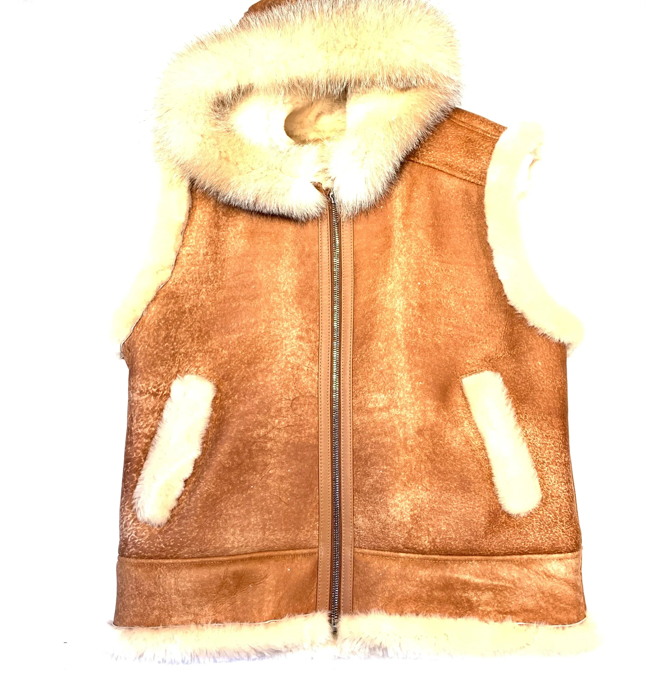 Kashani Cognac Fox Fur Hooded Shearling Vest