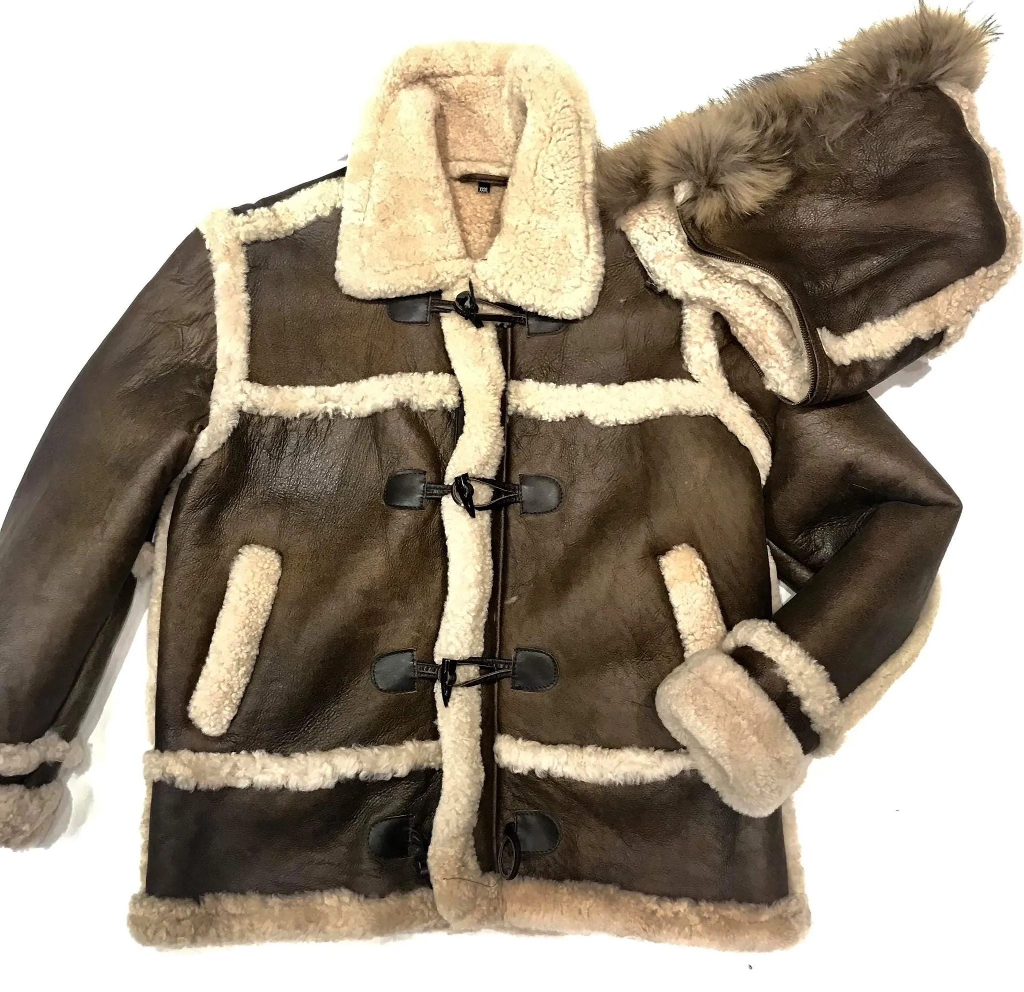 Kashani Deep Chocolate Duffel Fox Hooded Long Shearling Jacket