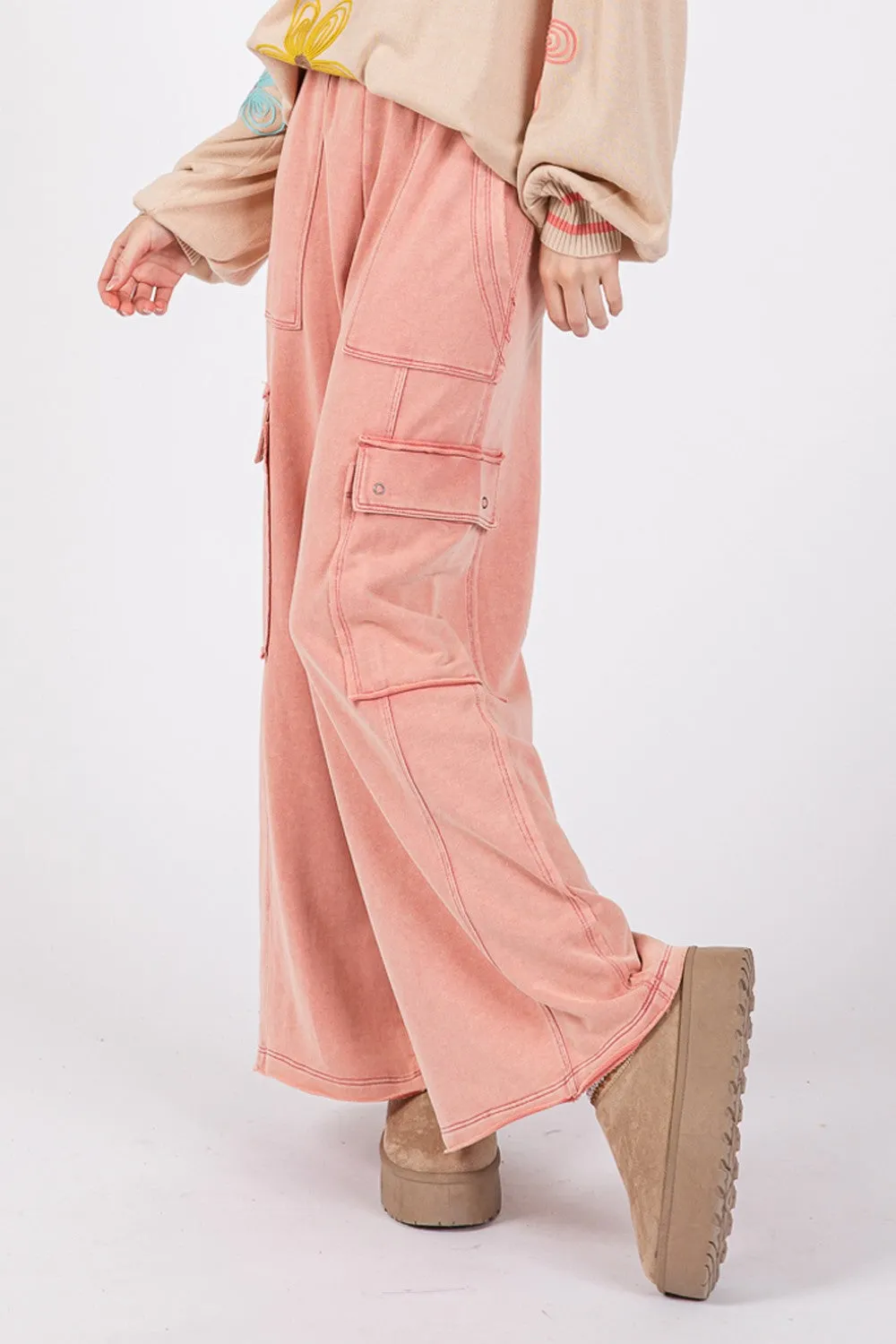 Knit Terry Mineral Wash Wide Leg Pants - Rose