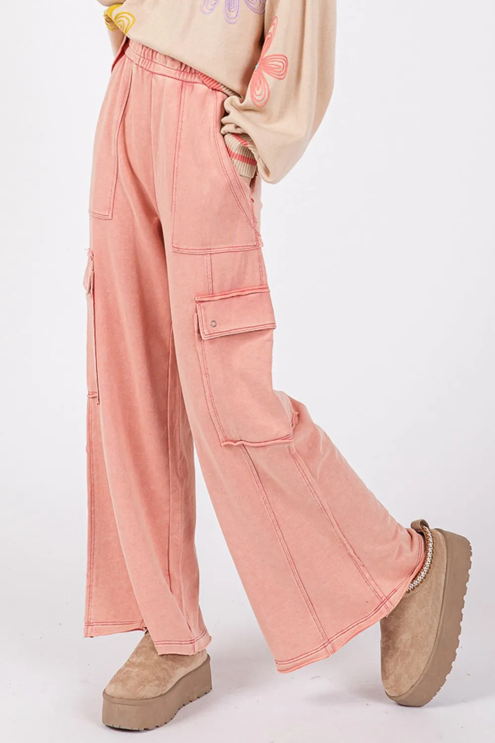 Knit Terry Mineral Wash Wide Leg Pants - Rose