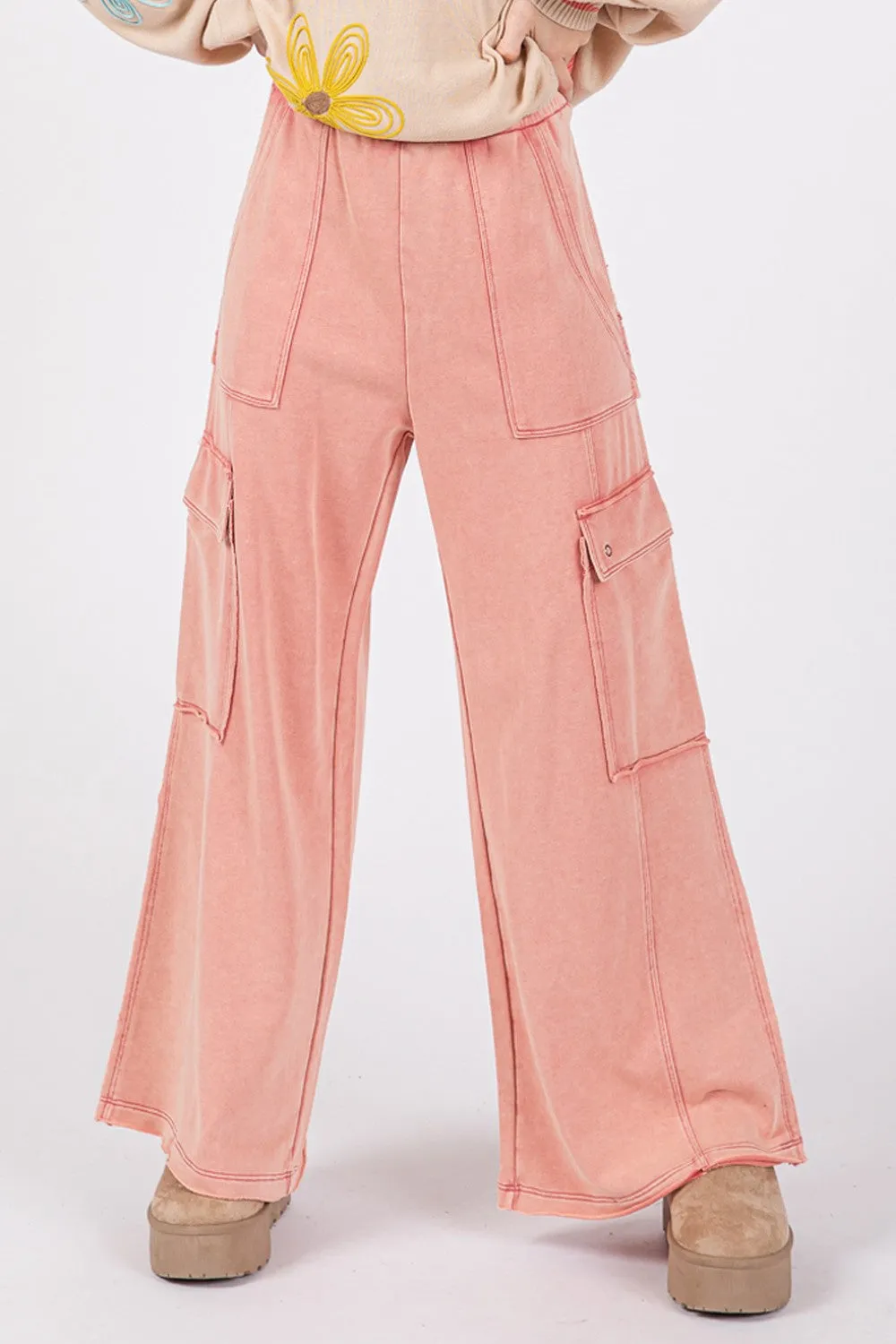 Knit Terry Mineral Wash Wide Leg Pants - Rose