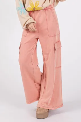 Knit Terry Mineral Wash Wide Leg Pants - Rose