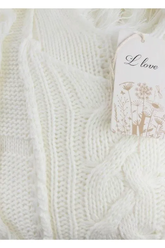 L Love Fringe Cable Crop Sweater - Soft White