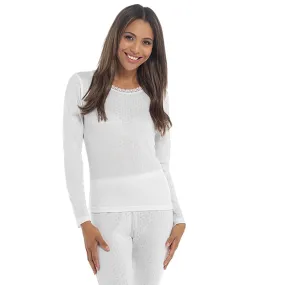 Ladies Thermal Long Sleeve Top White Pointelle Fabric Extra Warm