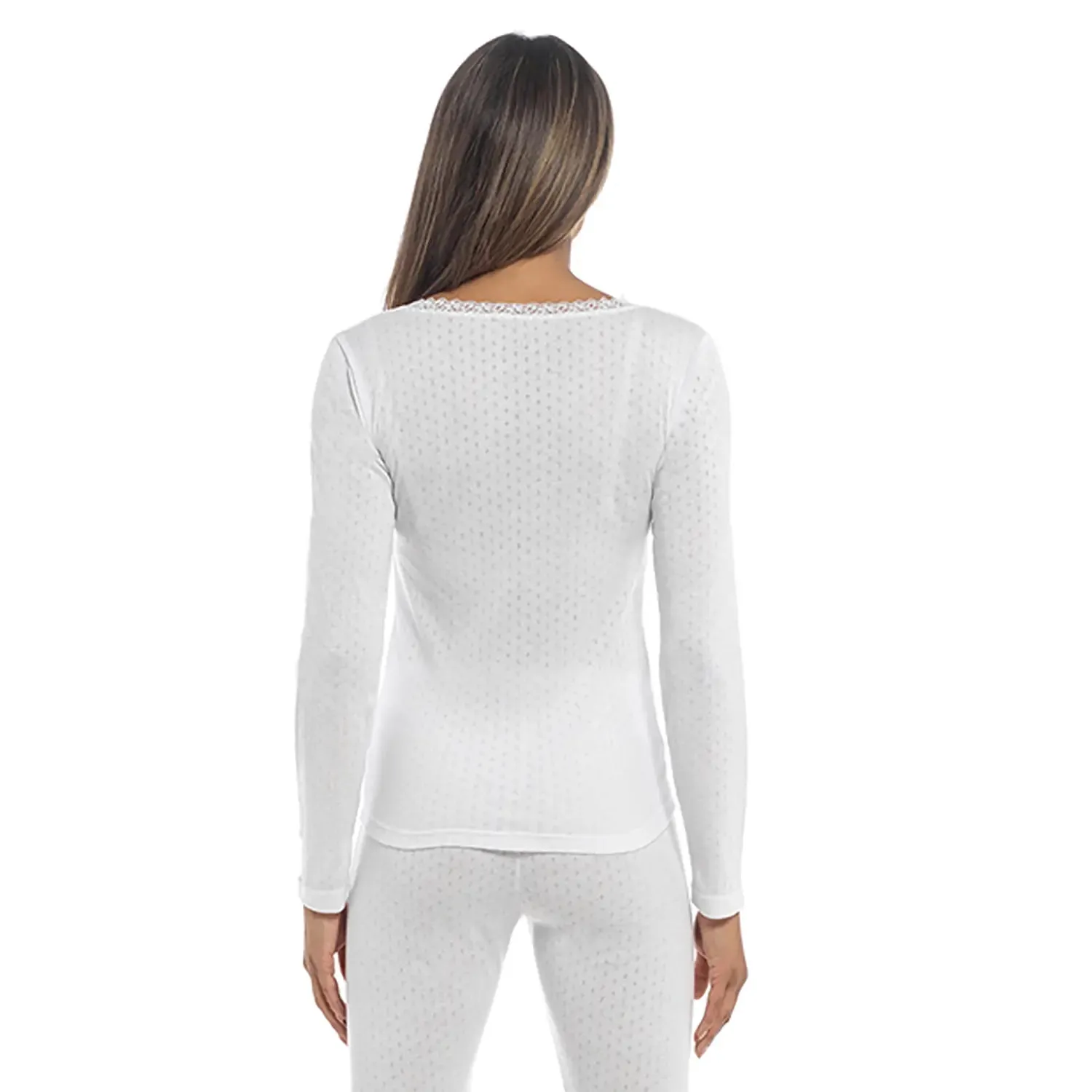 Ladies Thermal Long Sleeve Top White Pointelle Fabric Extra Warm