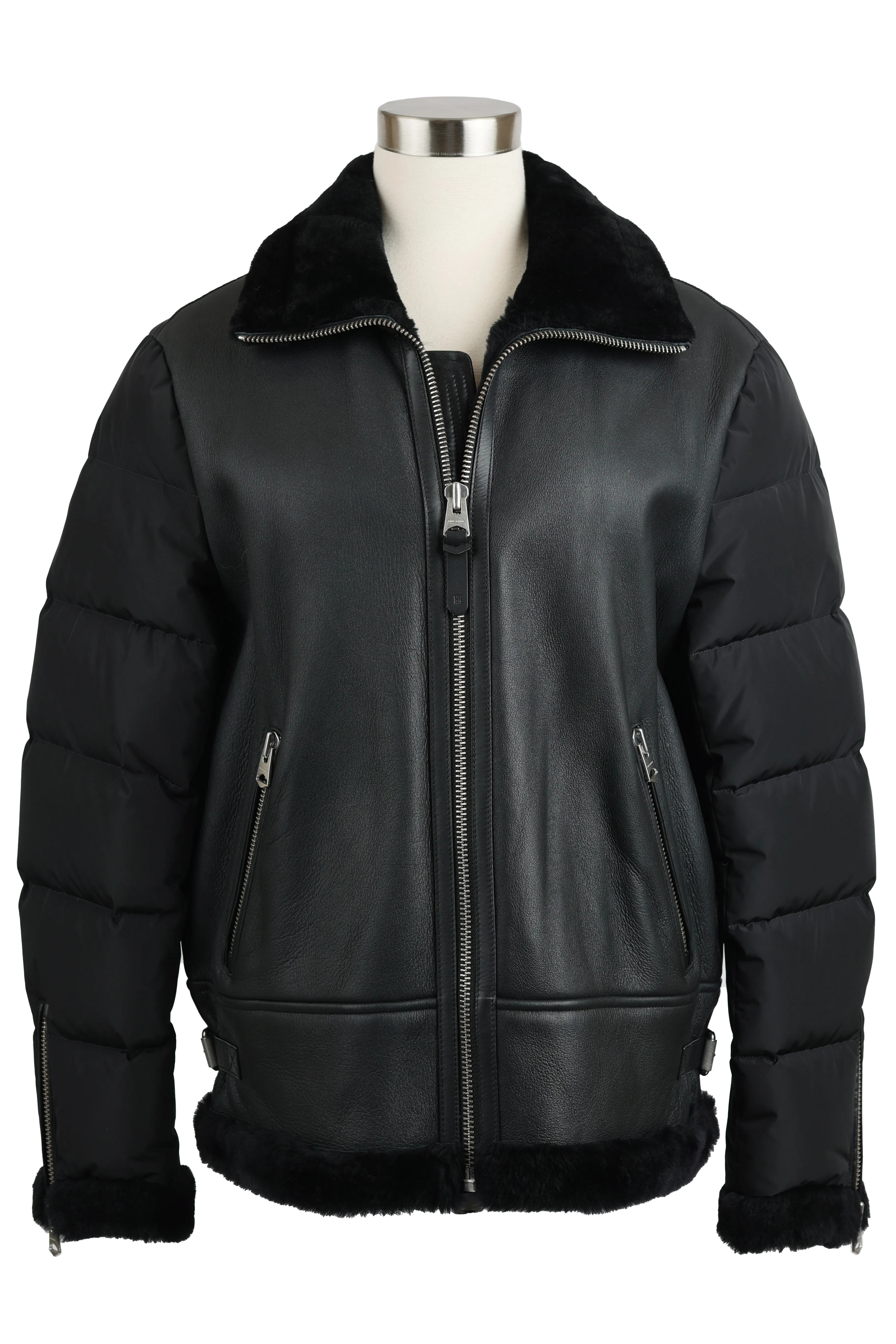 Leather-Poly Shearling Trim Jacket