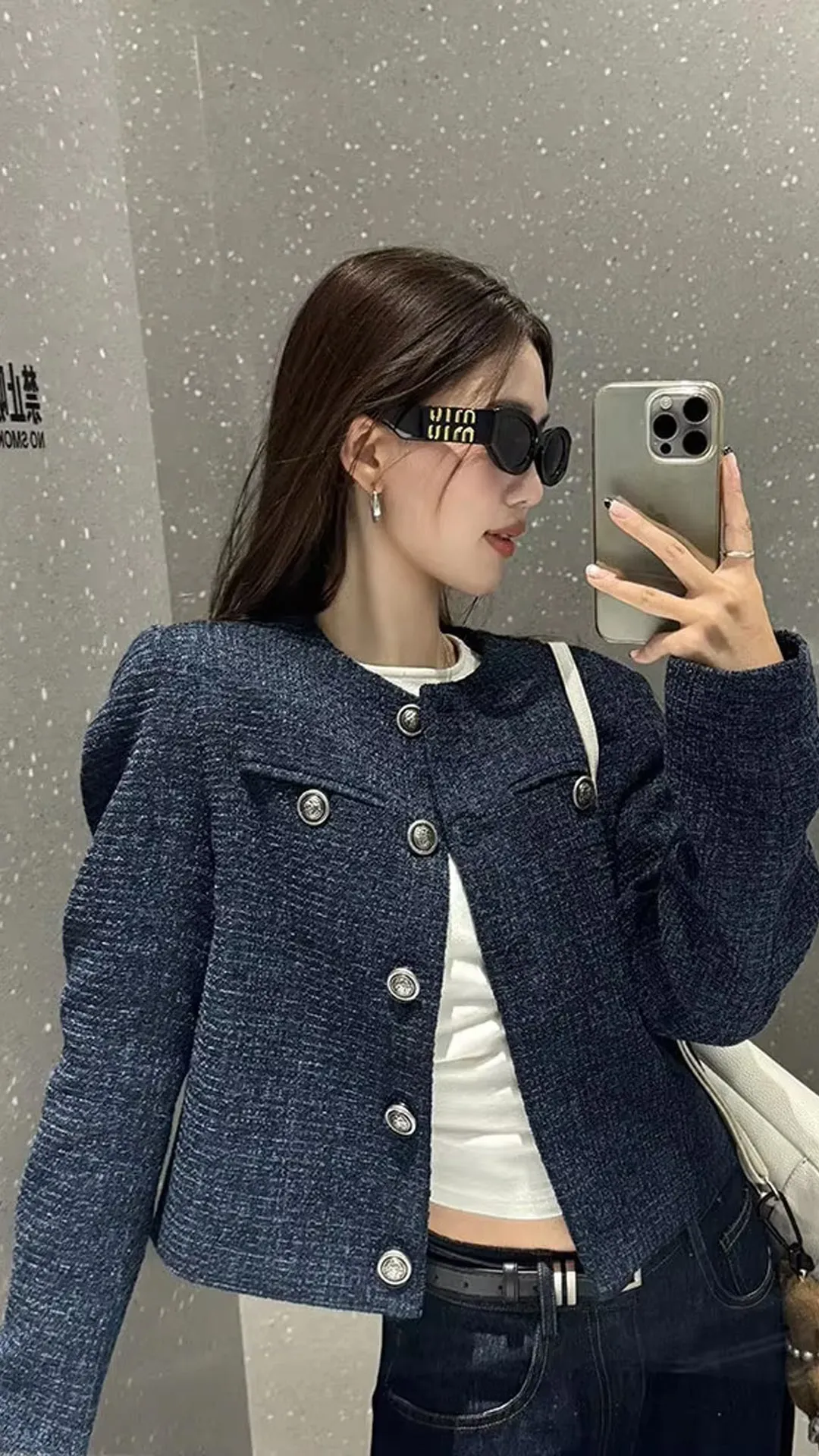 Long Sleeve Vintage Blue Elegant Tweed Jacket