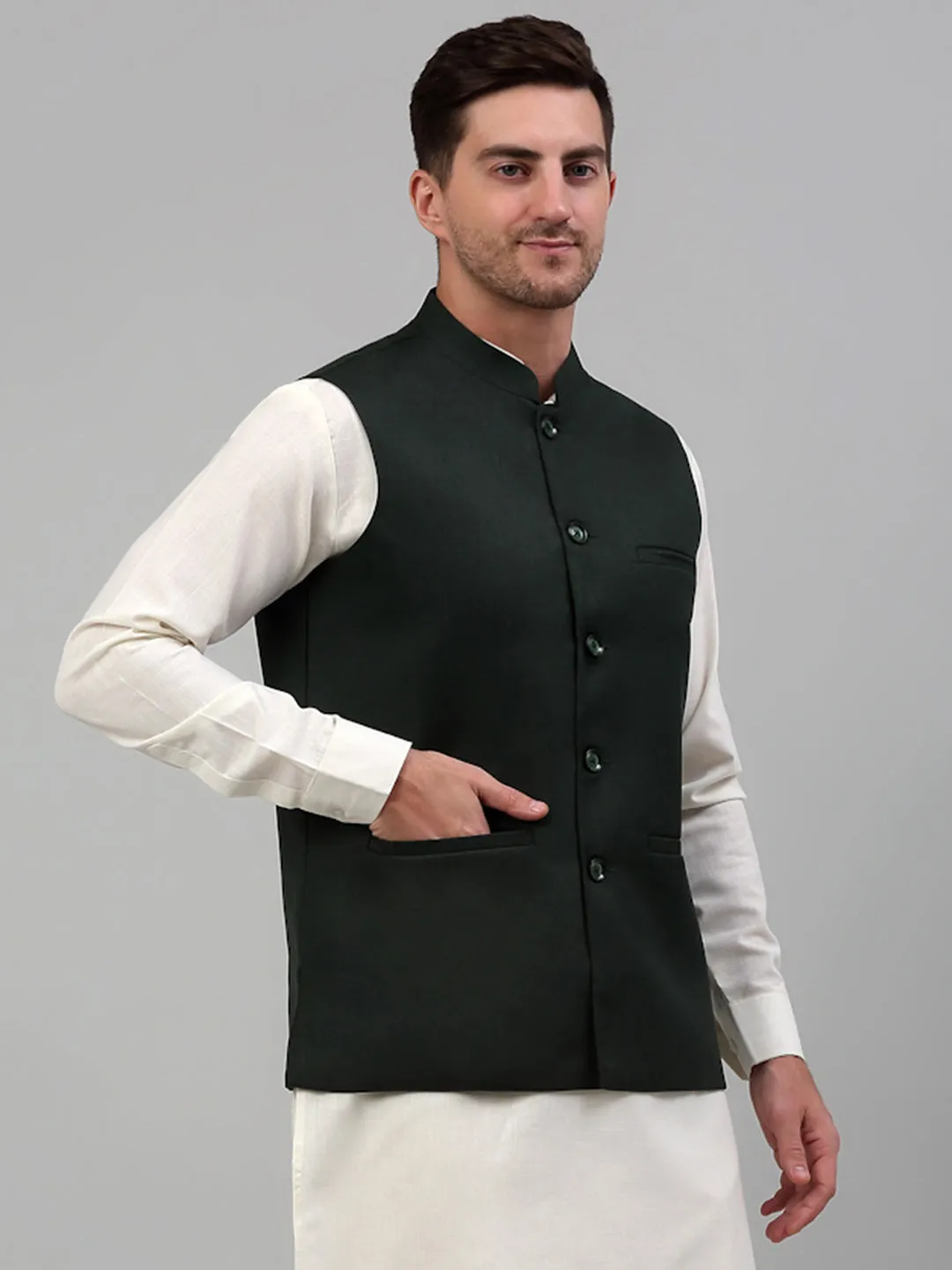 Men Olive Green Solid Nehru Jacket