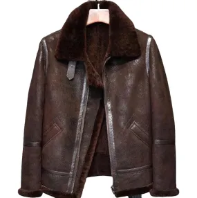 Men's B3 Brown Military Sheepskin Aviator Leather Coat