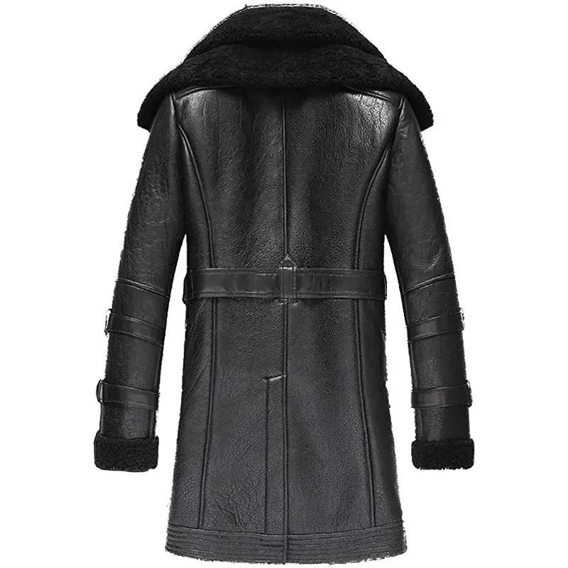 Men's Black Long Shearling Sheepskin Coat with Fur Collar