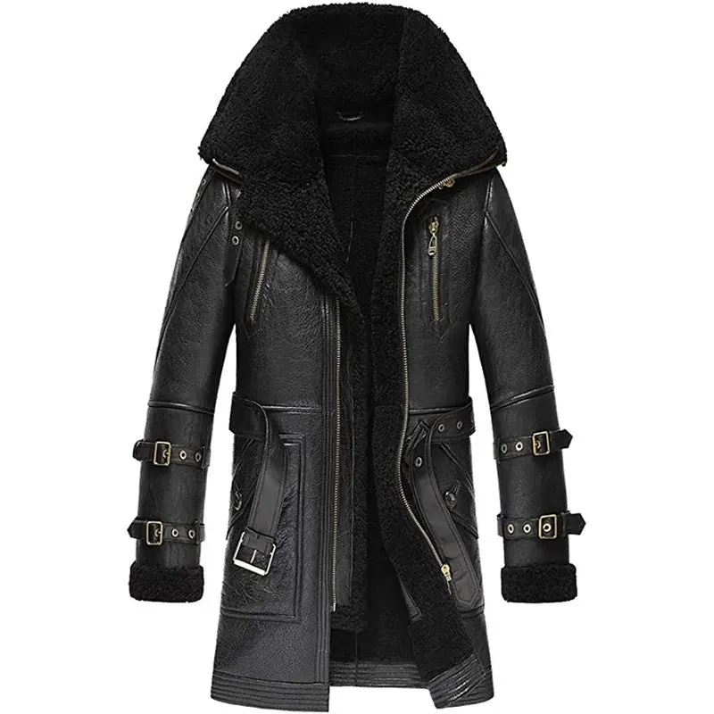 Men's Black Long Shearling Sheepskin Coat with Fur Collar