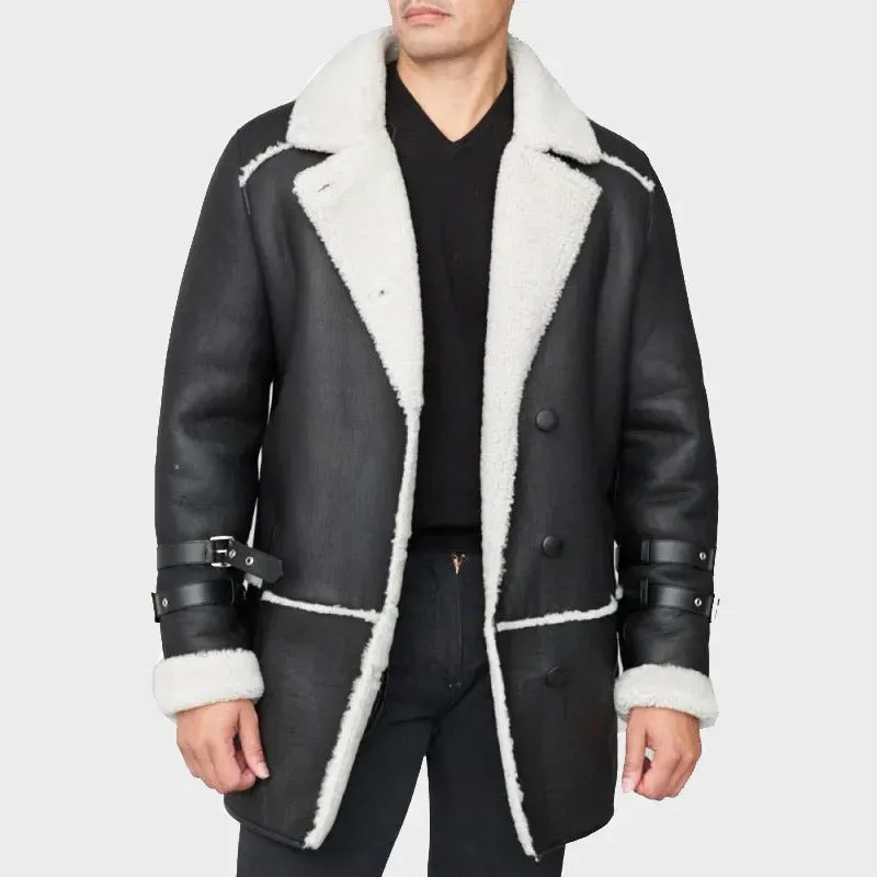 Men's Black Sheepskin Shearling Car Coat