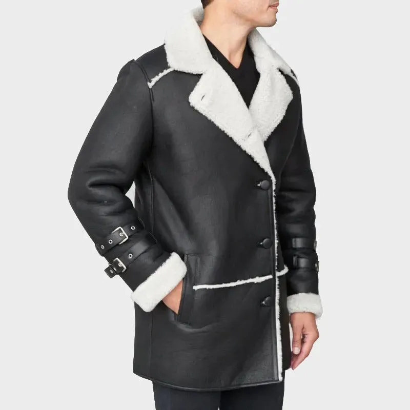 Men's Black Sheepskin Shearling Car Coat