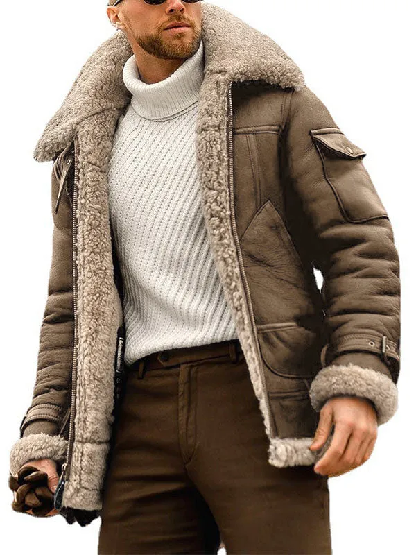 Men's Faux Shearling Trim Zipper Jacket Coat