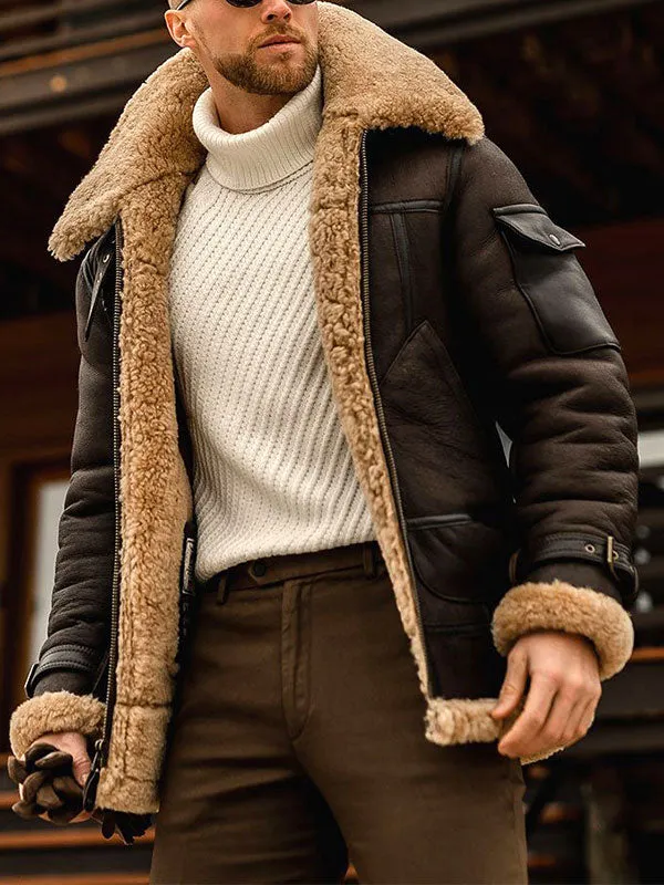 Men's Faux Shearling Trim Zipper Jacket Coat