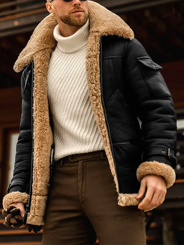 Men's Faux Shearling Trim Zipper Jacket Coat