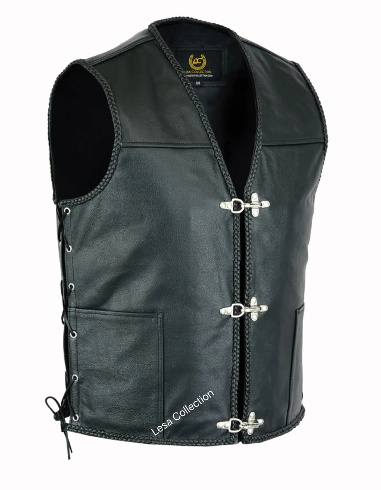 Mens Fish Hook Buckle Real Leather Waistcoat Biker Vest Braided With Sides Laces