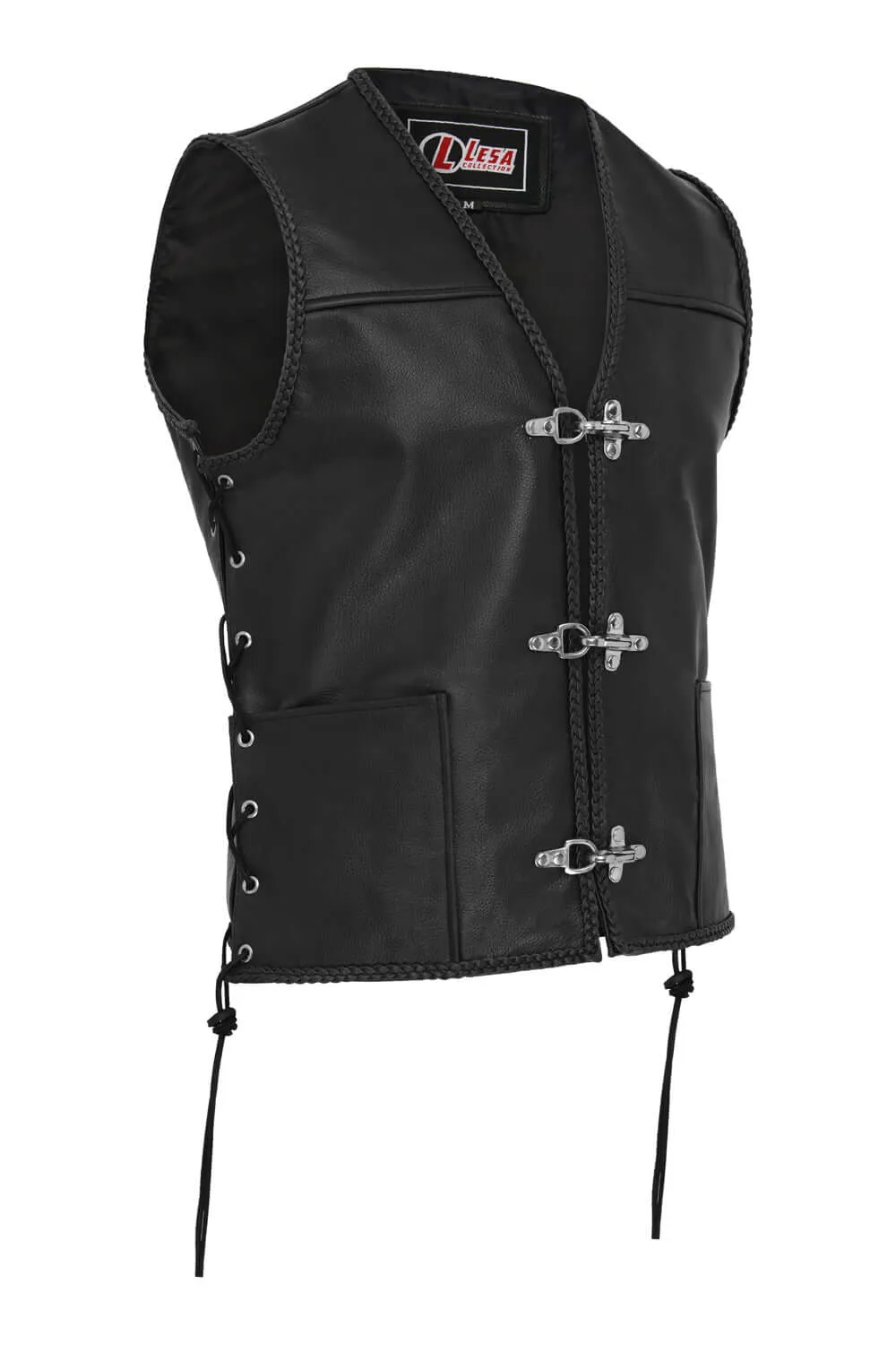 Mens Fish Hook Buckle Real Leather Waistcoat Biker Vest Braided With Sides Laces