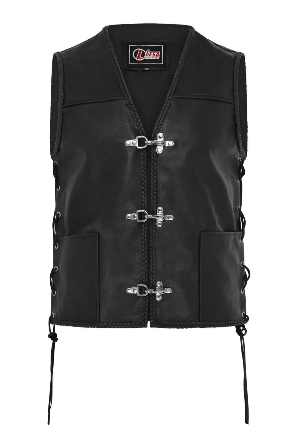 Mens Fish Hook Buckle Real Leather Waistcoat Biker Vest Braided With Sides Laces