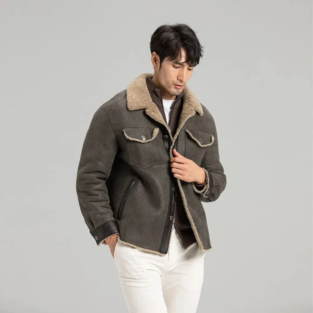 Men's Grey Shearling Jacket - Trucker Style