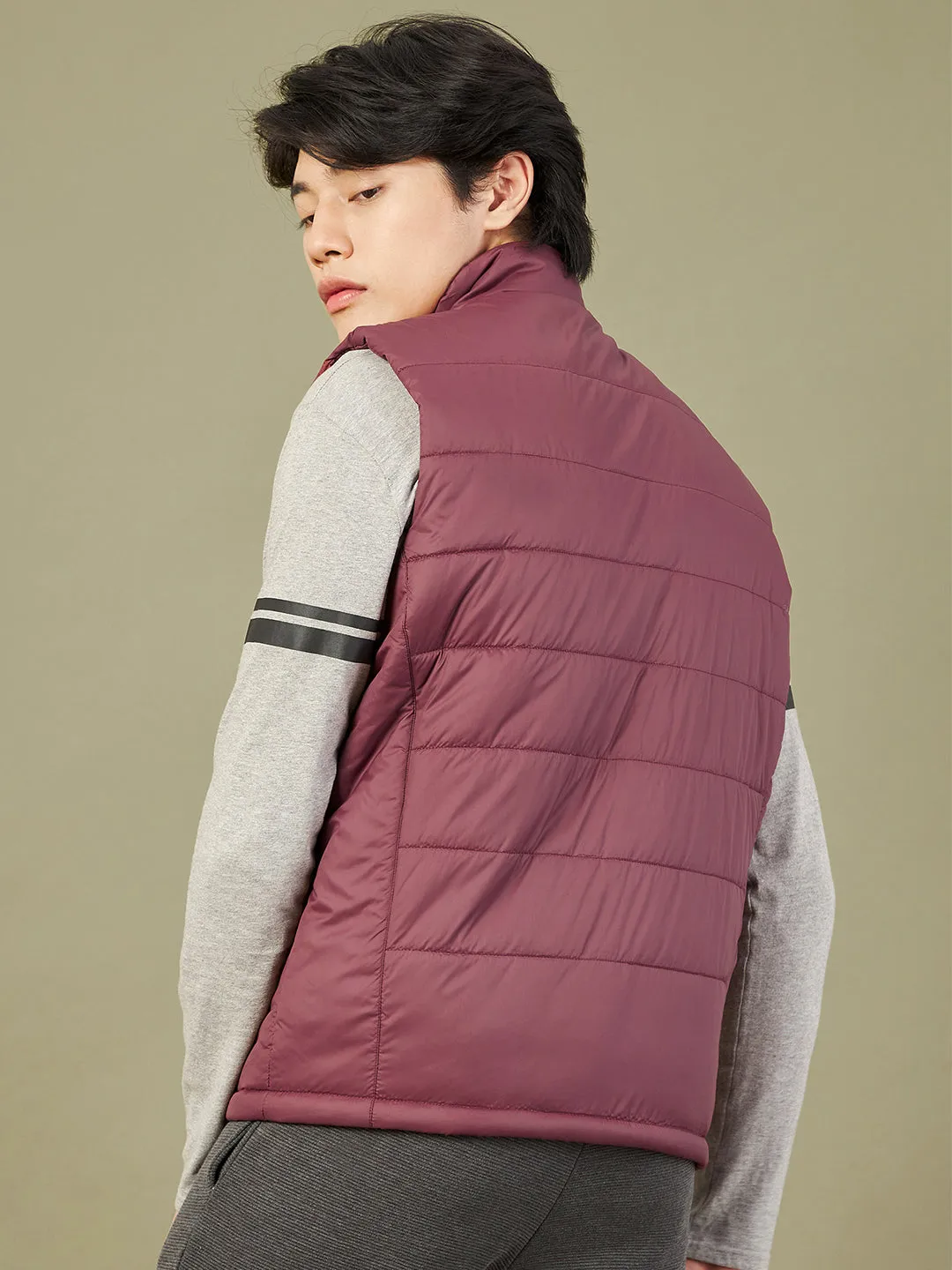 Men's Maroon Sleeveless Quilted Puffer Jacket - LYUSH-MASCLN