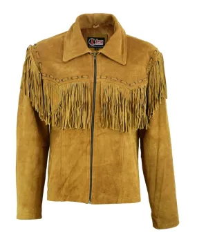 Mens New Native American Western Brown Suede Leather Jacket Fringe Tassels