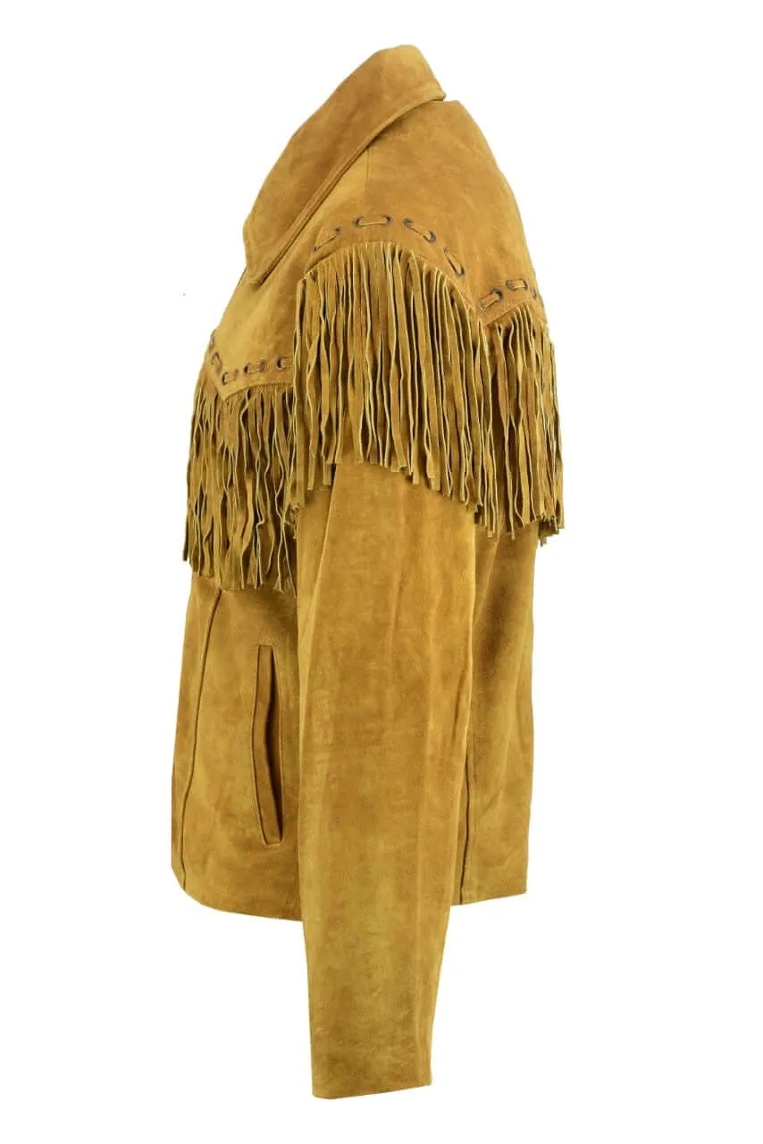 Mens New Native American Western Brown Suede Leather Jacket Fringe Tassels