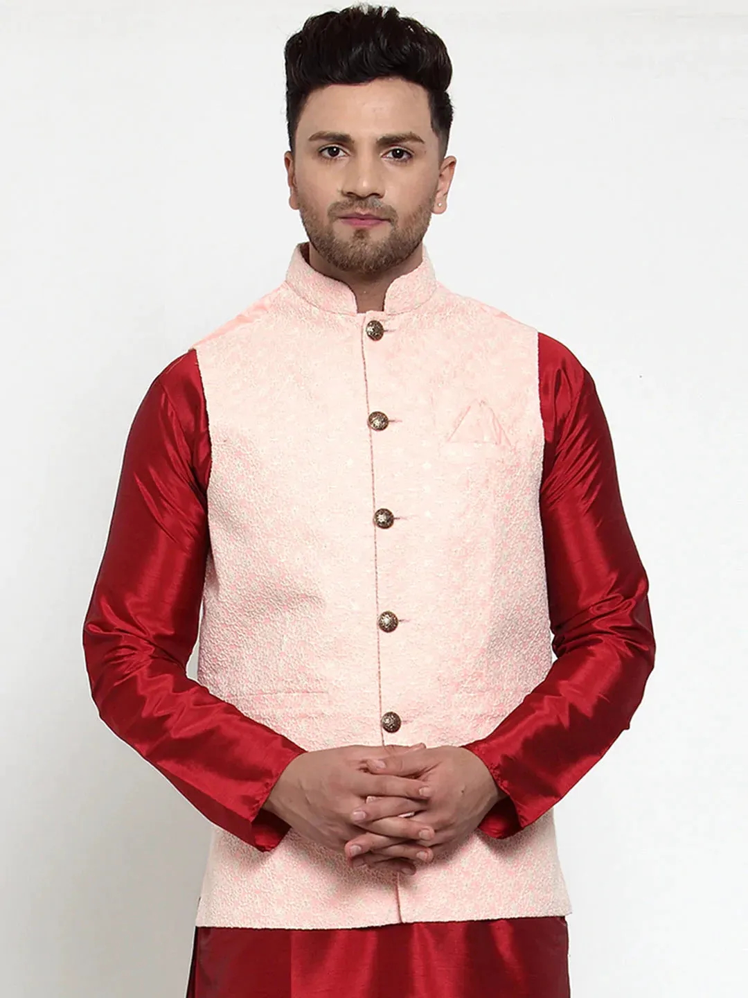 Men'S Pink Embroidered Nehru Jacket