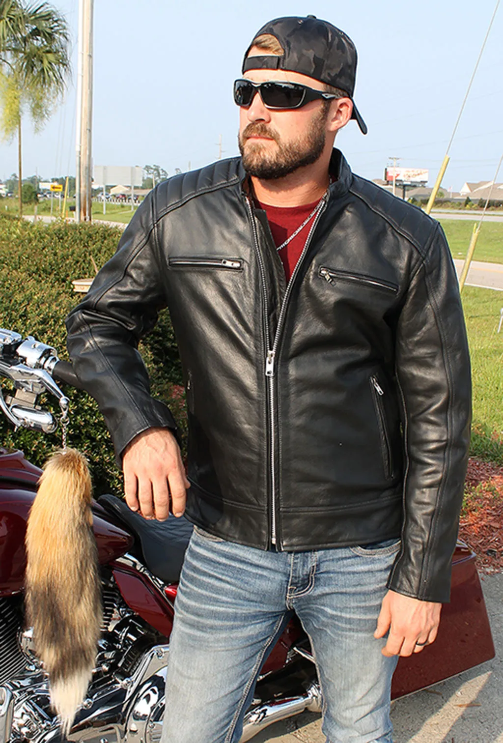 Men's Ribbed Shoulder Leather Motorcycle Jacket #M5760GQZK ()