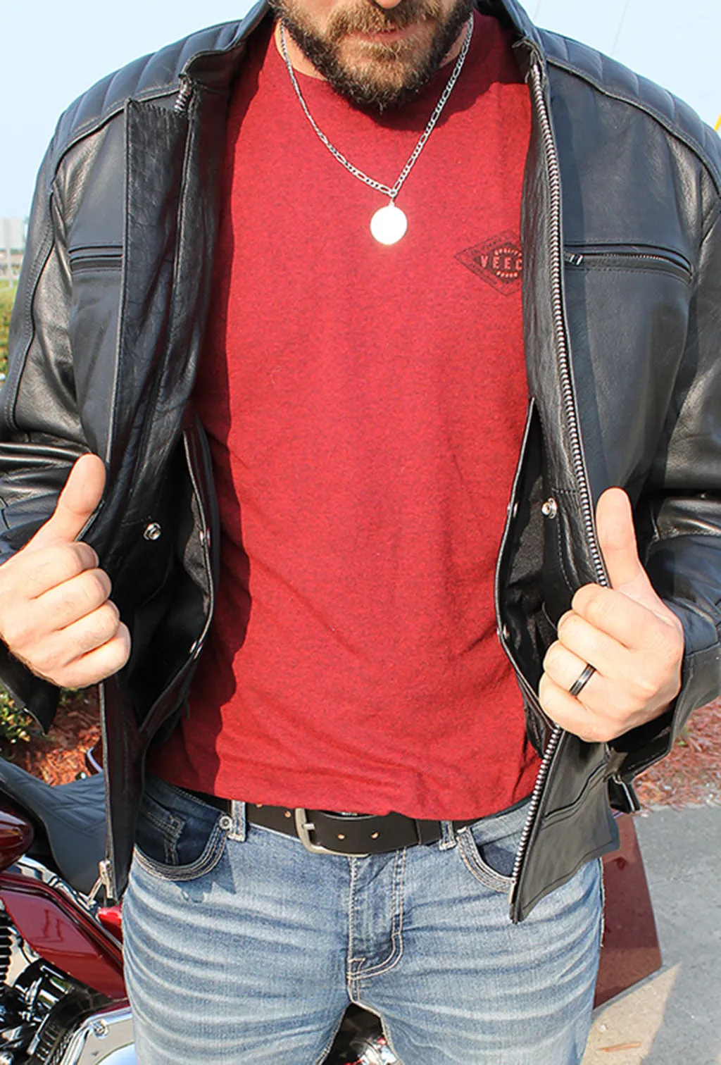 Men's Ribbed Shoulder Leather Motorcycle Jacket #M5760GQZK ()