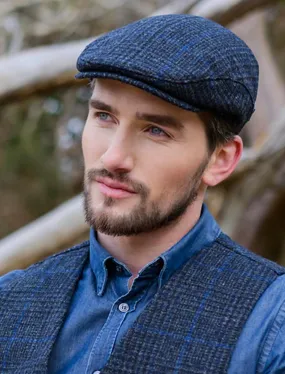 Mens Tweed Flat Cap - Trinity Cap Charcoal with Blue Check