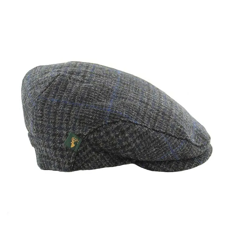 Mens Tweed Flat Cap - Trinity Cap Charcoal with Blue Check