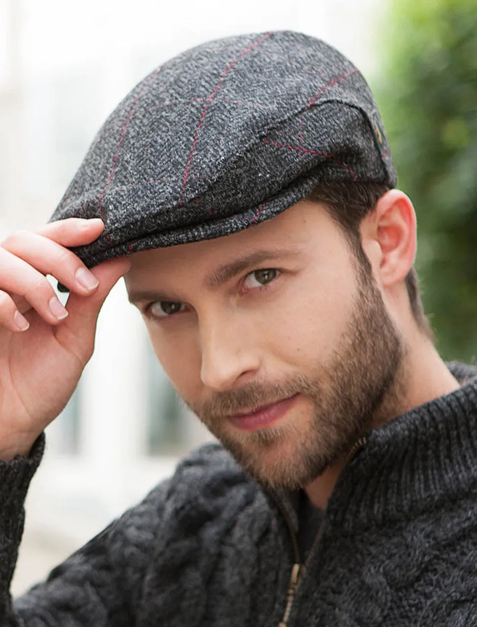 Mens Tweed Flat Cap - Trinity Cap Charcoal with Red Stripe